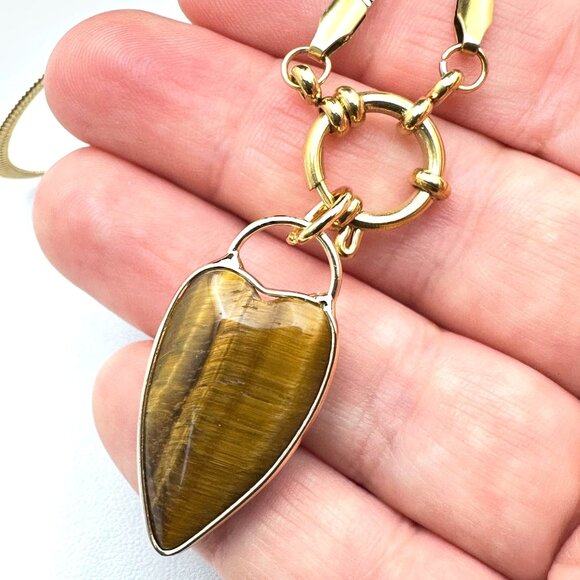 Tiger Eye Gemstone Heart Evil Eye Pendant Necklace 18K Gold Plated Chain 19 Inch - Picture 8 of 9